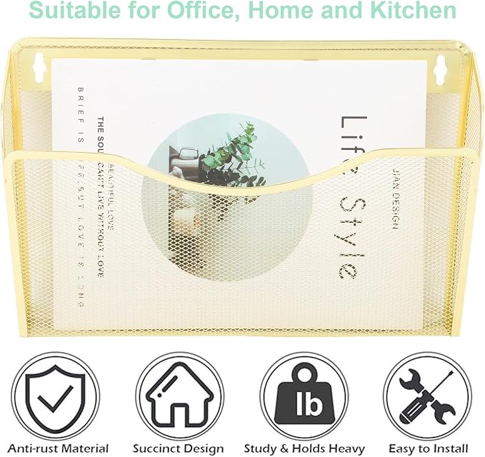 EASEPRES 3 Single Pocket Mesh Hanging File Organizer, Vertical Wall Mounted Magazine File Holder, Mount Basket Mail Paper Document Folder Organizing for Office, Home and School, Gold