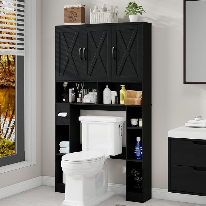 Over The Toilet Storage Cabinet, Farmhouse Toilet Cabinet Rack with 3 Barn Doors, Space Saving Bathroom Organizer with Shelves, Toilet Paper Holder and Towel Rack for Bathroom,Restroom,Laundry, Black.
