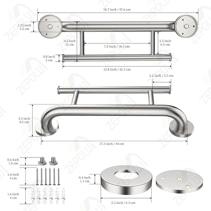 Brushed Nickel Towel Rack Grab Bar Combo, Zepolu Stainless Steel Safety Balanced Assist Support Handle 17 Inch, 2-in-1 Handicap Towel Bar, Wall Mounted Towel Holder for Senior Elderly Disabled