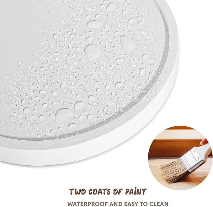 Round Decorative Tray Wood Bathroom Counter Organizer Farmhouse Kitchen Decor Wooden Riser for Soap Dish, Perfume, Candle, Sponge, 9" - White