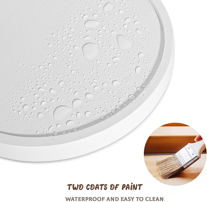 Round Decorative Tray Wood Bathroom Counter Organizer Farmhouse Kitchen Decor Wooden Riser for Soap Dish, Perfume, Candle, Sponge, 8" - White