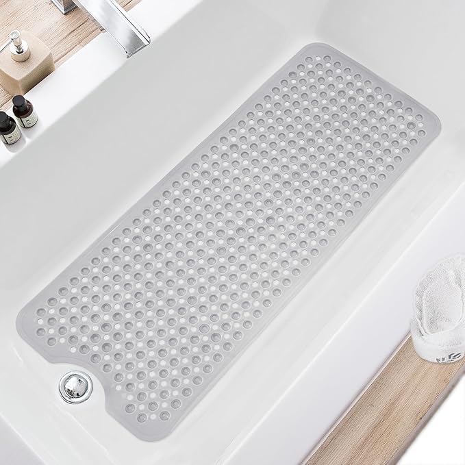 TEESHLY Upgrade Bath Tub and Shower Mats, Non Slip 40 x 16 Inch Extra Large Bathtub Mat, Machine Washable Bathmat with Drain Holes, Suction Cups for Bathroom Floor, Clear Gray