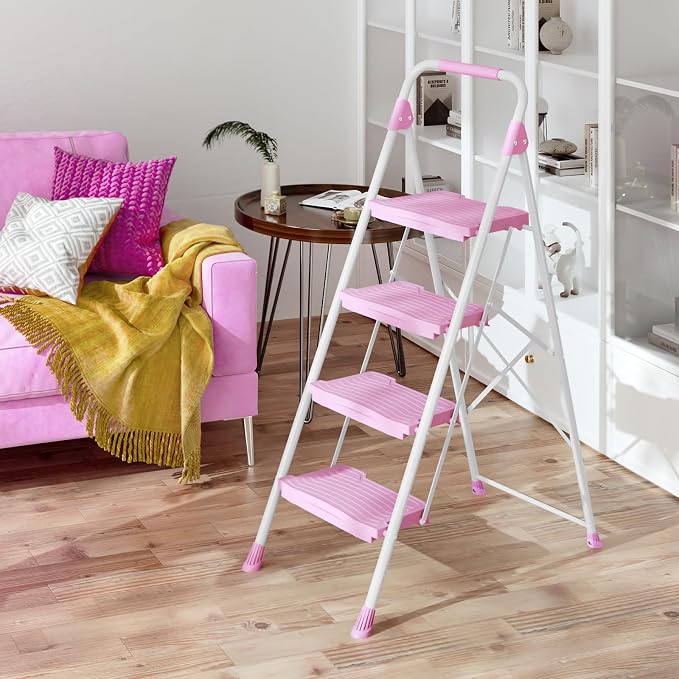 KINGRACK 4 Step Ladder, 900lbs Sturdy Step Stool with Handrail, Anti-Slip Wide Pedals, Foldable Stepladder for Home, Garage, Garden, Household, Pink, Pass 900LBS Testing