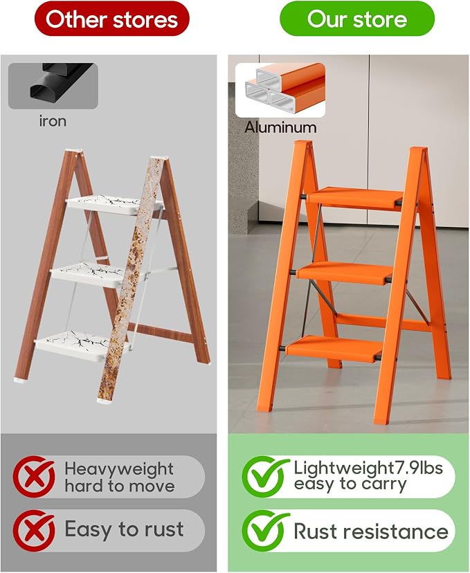 HillhutApex 3 Step Ladder, Lightweight Portable 3 Step Stool with Anti-Slip Wide Pedal, 330lbs Capacity Aluminum Ladder for Household,Office,Kitchen(Orange)