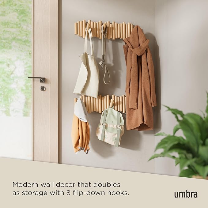 Umbra Picket Coat Rack with 8 Hooks – Natural Wall-Mounted Coat Rack with Flip-Down Wooden Hooks, Real Pine Wood Decorative Wall Storage for Jackets, Hats, Scarves, Bags, Entryway, Bedroom Living Room