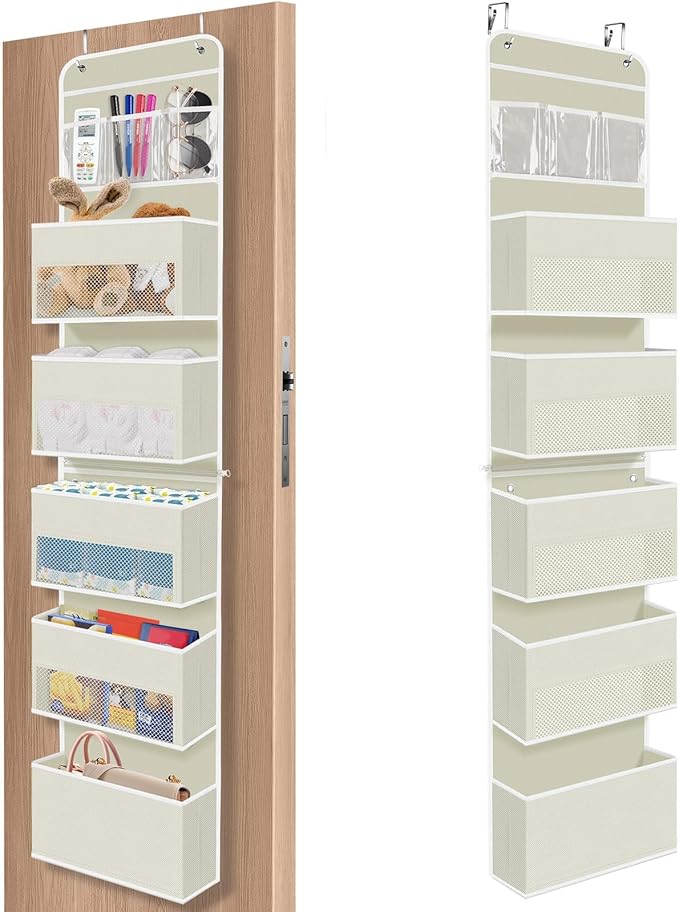 SpaceHacks 6-Tier Over The Door Organizer, Hanging Storage Organizer with Clear Window, 40lb Ultra Sturdy Large Capacity Room Organizer for Pantry Bathroom Nursery Closet Baby Essential (Beige)