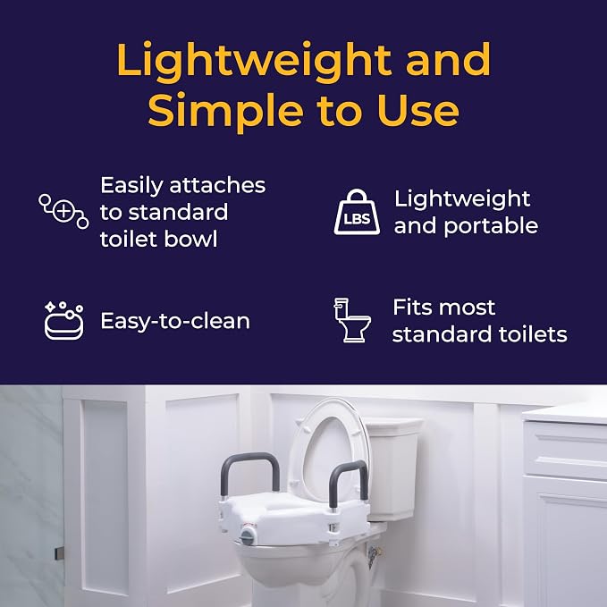 Drive Medical 2-in-1 Raised Toilet Seat with Removable Padded Arms - Elevated Bathroom Safety Support - Secure Locking Attachment - Easy Height Assistance - Durable Construction, Standard Toilets