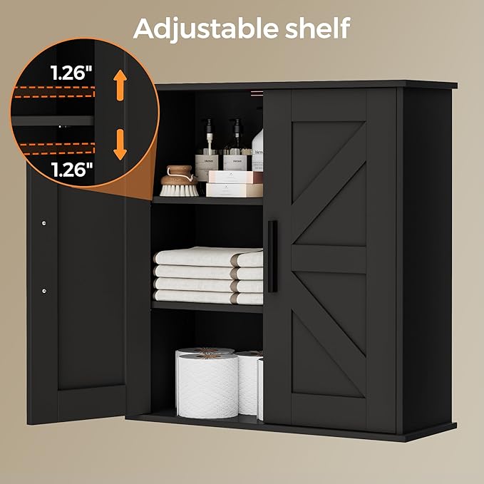 Homleke Bathroom Wall Cabinet, Over Toilet Storage Cabinet with Barn Doors and Adjustable Shelves, 3-Tier Medicine Cabinet Wall Mounted, for Bathroom, Kitchen, Entryway, Laundry Room, Black, (7.9" D)