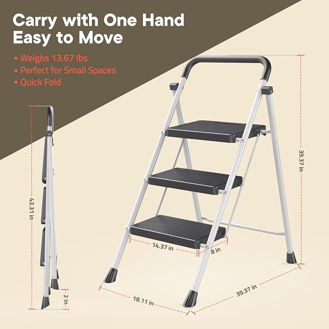White 3 Step Stool Foldable – Heavy-Duty Foldable Step Stool for Adults, 500 lbs Capacity, Anti-Slip Feet & Wide Steps, Sturdy Steel Frame, Lightweight & Space-Saving Design for Home, Kitchen & Garage