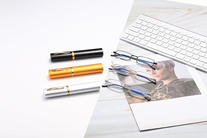 Viseng Slim Mini Metal Reading Glasses Compact Lightweight Portable Readers with Glasses Case for Reading Case +1.0 Black+Gold+Silver