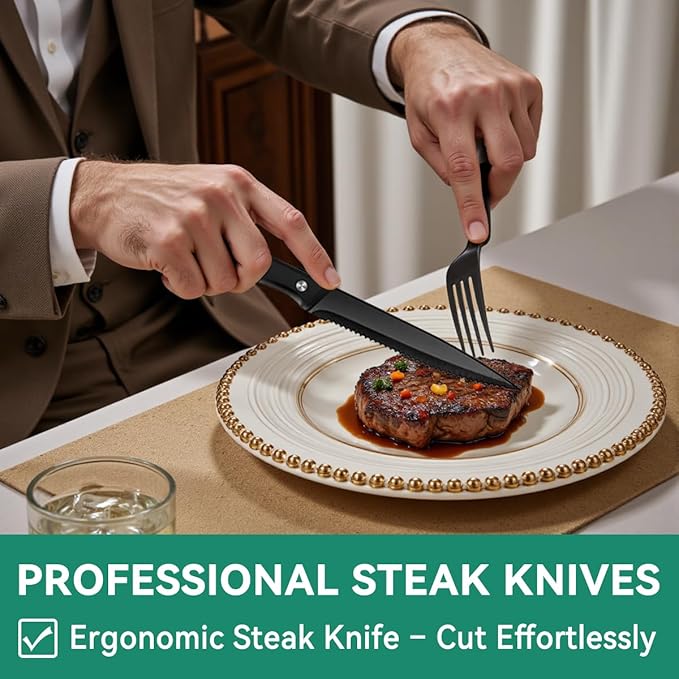 JUNLIN 49 Pieces Black Silverware Set with Steak Knives, Stainless Steel Silverware with Organizer Flatware Utensils Set for 8, Forks and Spoons Silverware Set Cutlery Set