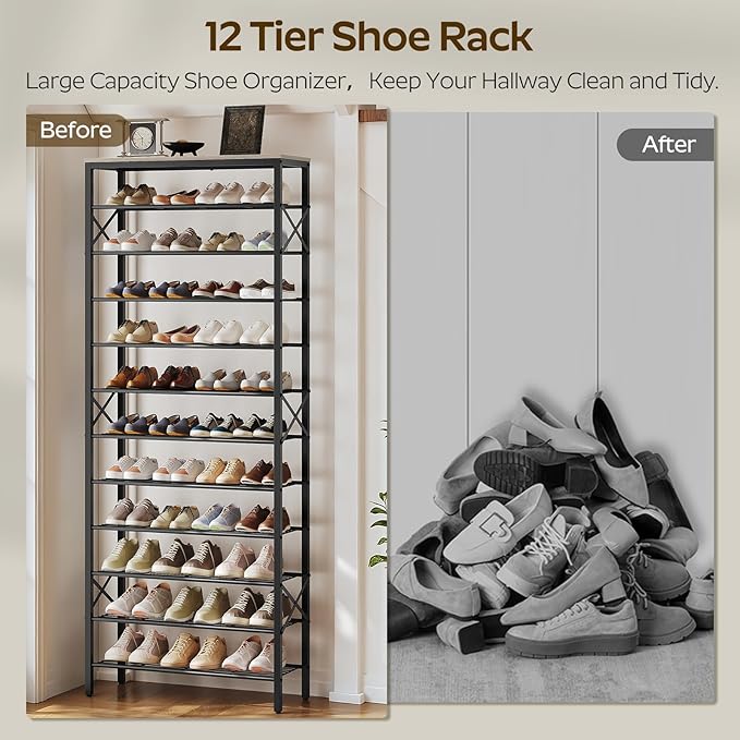 YATINEY 12 Tier Shoe Rack, Large Capacity Shoe Storage Organizer Holds 48 Pairs, Sturdy and Stable, for Entryway, Hallway, Closet, Dorm Room, Greige and Black SS12BG