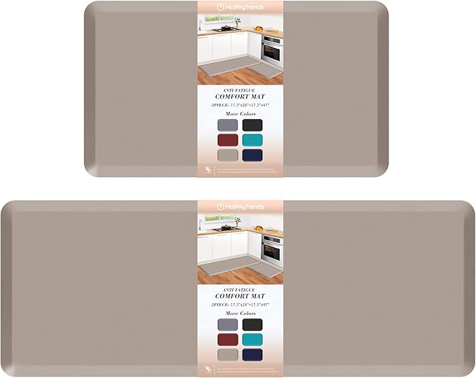 HappyTrends 2 PCS Kitchen Mat Cushioned Anti-Fatigue Floor Mat, Heavy Duty Ergonomic Comfort Foam Standing Mat, Waterproof Non-Slip Kitchen Rugs for Home, Office(17.3"x28"+17.3"x47",Khaki)