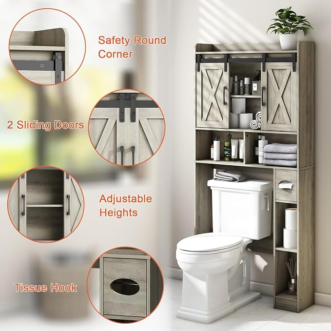 Vabches Over The Toilet Storage Cabinet, Farmhouse Storage Cabinet Over Toilet with Sliding Door& Toilet Paper Holder Stand，Home Space-Saving Toilet Rack, for Bathroom, Restroom, Laundry