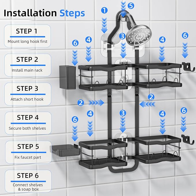 GearFusion Aluminum Hanging Shower Caddy for Handheld Shower Heads | Rustproof Bathroom Organizer Rack, Adjustable Shower Shelf Over the Showerhead Caddy Storage with Hooks Soap Baskets, Black