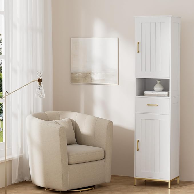 Homhedy 67" H Bathroom Storage Cabinet, Tall Storage Cabinet with Adjustable Shelves, Freestanding Cabinet with Doors and Drawer, Narrow Cabinet for Bathroom, Living Room, Kitchen, Dining Room, White