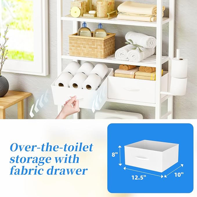 Simple Trending 4 Tier Over The Toilet Storage with Drawers, Heavy Duty Bathroom Stand Organizer Metal Shelves for Laundry, White