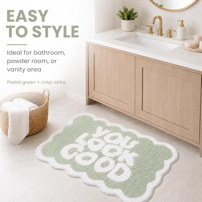 Scalloped Sage Green Bath Rug, You Look Good Cute Bathroom Rug, Soft Absorbent Quick Dry Bath Mat, TPR Non Slip Backing, Microfiber Mat for Shower Tub Sink Vanity 20" x 31.5"