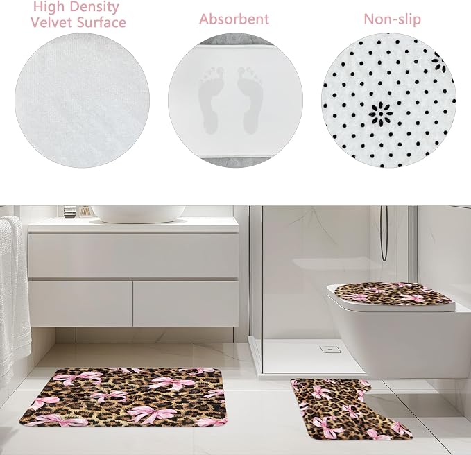 4 PCS Leopard Print Bow Shower Curtain Set 72Wx72H,Toilet Lid Cover,Non-Slip Rugs and U-Shaped Mat,Girly Pink Cheetah Bathroom Sets with Rugs Shower Accessories 12 Hooks for Bathroom Decor