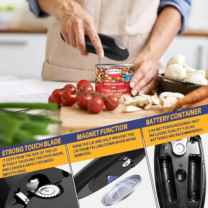 Electric Can Opener, Hands Free One Touch Automatic Can Openers Fit Different Can Sizes and Shape with No Sharp Edges for Kitchen, Kitchen Gadgets for Senior with Arthritis (black)