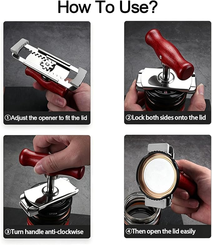 Adjustable Jar Opener for Weak Hands, Stainless Steel Lid Opener with Non-Slip Rubber Lining & Wooden Handle, Heavy Duty Bottle Opener for Seniors with Arthritis, Easy Twist Off Tight Lids