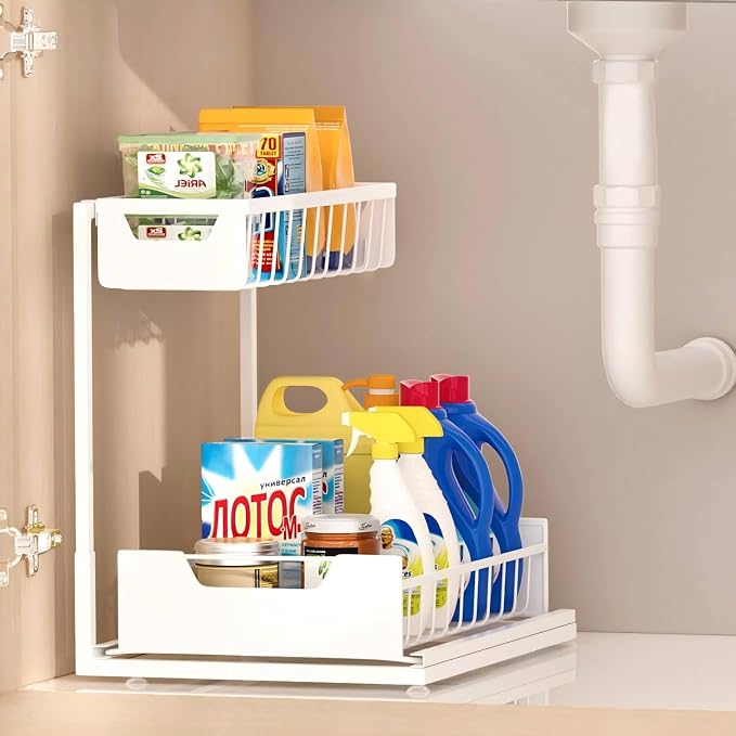 Ceetug Under Kitchen Sink Organizers and Storage Pull Out 2 Tier Metal Bathroom Cabinet Organizer (White, 1 Pack)