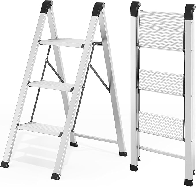 KINGRACK Aluminum Step Ladder, 3 Step Ladder Folding Design, Step Stool Foldable with Safe Grip, Non-Slip Handrails, Safety Lock, Heavy Duty 330LBS for Home, Kitchen, Garage, RV, Silver