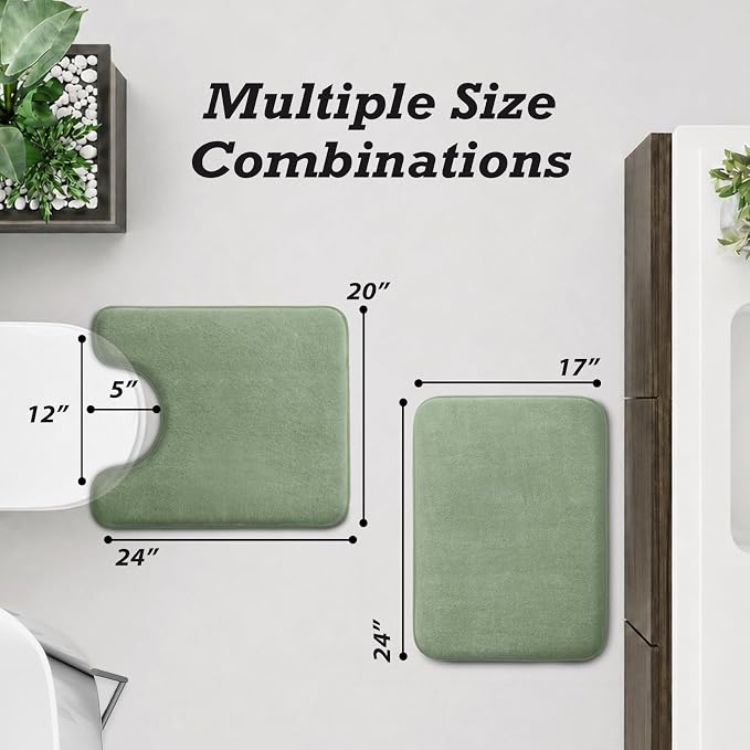 HUXMEYSON Bathroom Rugs Sets 2 Piece, Non-Slip & Quick Dry Bath Mat Set, Ultra Soft Velvet Bath Rugs for Bathroom, Toilet and Shower Floor, Grey Green