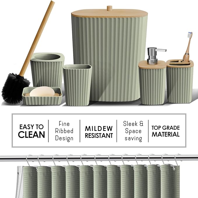 Clara Clark Bathroom Accessories Set - Bathroom Set with Adhesive Corner Shower Caddy Hanging, 25PC Bathroom Accessory Set, Sage Green Shower Curtain Set, Toilet Brush, Trash Can & Soap Dispenser