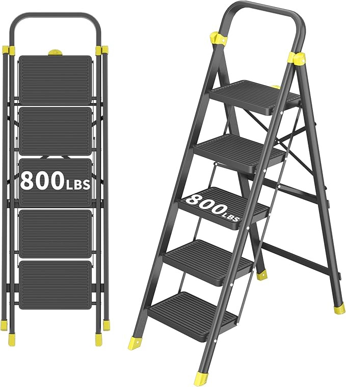 DIAMONDFORGE 5-Step Folding Step Ladder Stool with Handle, Anti-Slip Wide Pedals & Feet, 800lbs Capacity for Home Kitchen Adults, Black Yellow