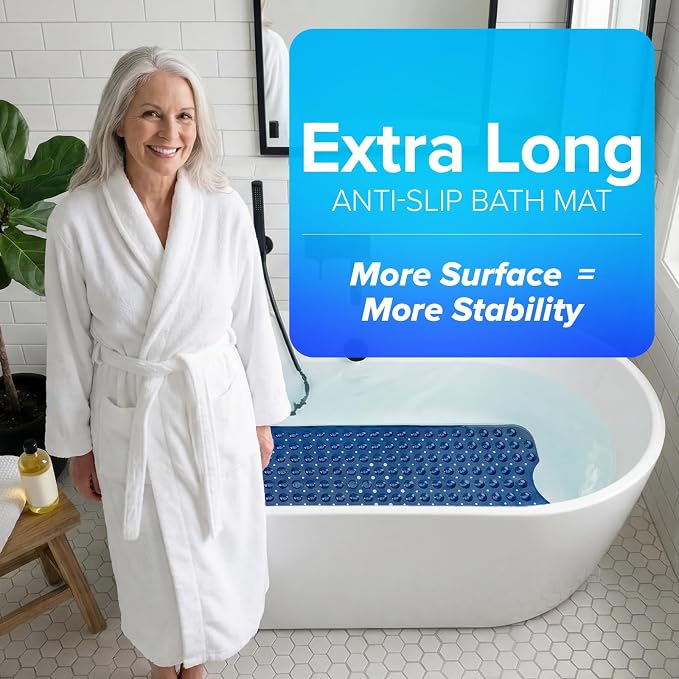 SlipX Solutions Power Grip Extra Long Bath Tub & Shower Mat 39x16, Wet Floor Non-Slip for Elderly & Kids Bathroom, 30% Longer Bathtub Mats, 200 Suction Cups, Drain Holes (1, Navy)