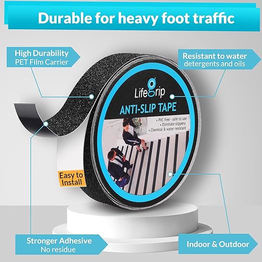 Lifegrip Anti Slip Traction Tape, 1 Inch x 15 Foot Friction Tape - Best Grip, Abrasive Adhesive for Stairs, Tread Step, Indoor, Outdoor (Friction Tape, 1" X 15')
