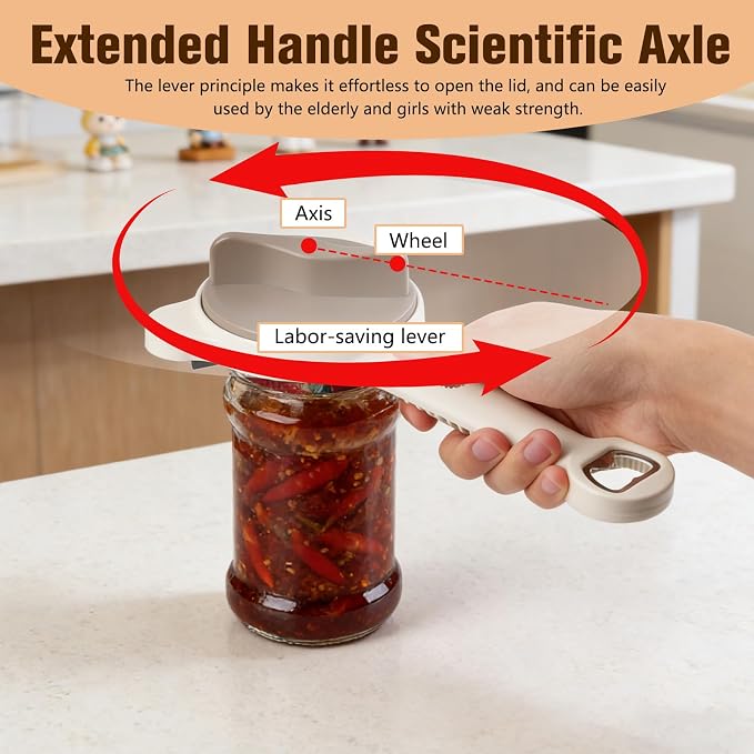 Multi-Functional 4-in-1 Jar & Bottle Opener, Adjustable Grip for Lids 1-3.5 Inches, Magnetic Stainless Steel Can Opener with Ergonomic Handle, Easy Open Kitchen Tool (1-Pack, Beige)