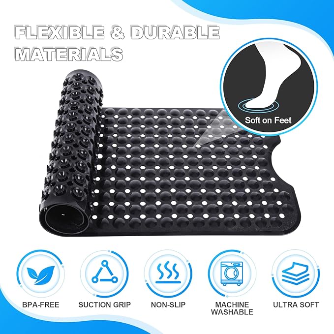 Bathtub and Shower Mats, 40x16 Inch Extra Large Non Slip Soft Bath Tub Mat with Suction Cups and Drain Holes for Bathroom Floor and Keep Tubs Clean, Machine Washable, Black