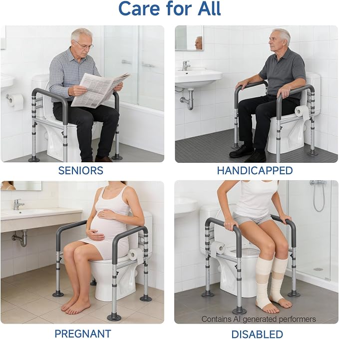 Loyoda Toilet Safety Rail for Seniors, 11.7lbs Steel, Rock-Solid Stability | Height & Width Adjustable,Foldable,Padded Armrests,Wide Non-slip Foot Pads,350 lb Capacity for Pregnant Women & Disabled,Gray