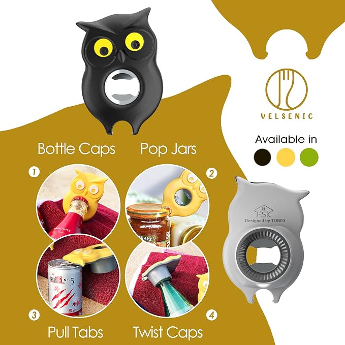 4-in-1 Manual Owl Bottle Opener - BPA-Free Multi-Function Opener for Bottle Caps, Jars, Pull Tabs & Twist Caps, Ergonomic Design for Kids, Seniors & Weak Hands (Green)