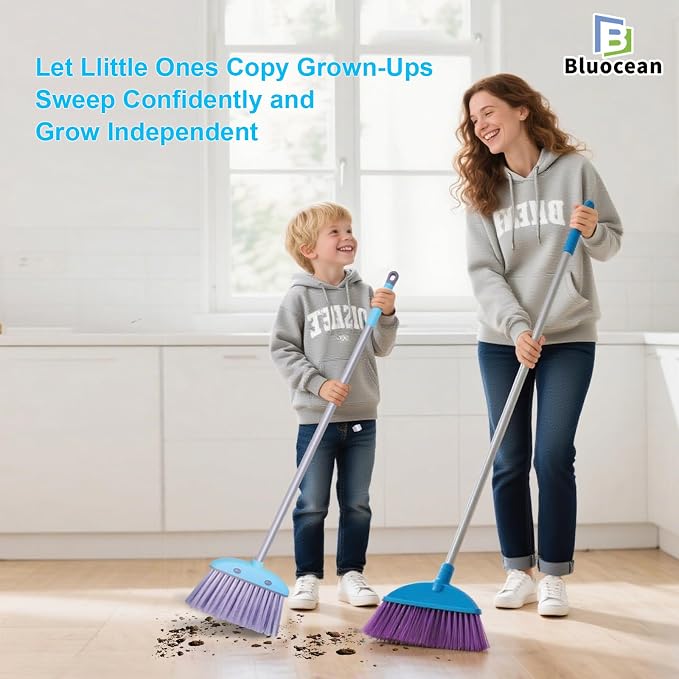 28'' Kids Mini Broom and Dustpan Set - Toddler Cleaning Toy, Toddler Household Helper, Parent-Child Interactive Play Cleaning Tool, Cute Cartoon Design, Small Safe Corner Broom (Blue)