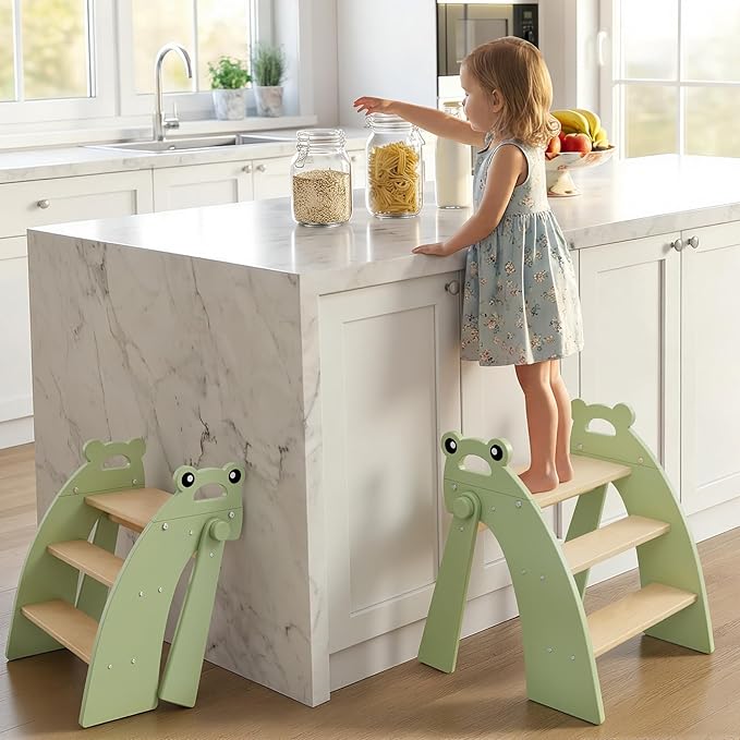 Wooden Step Stool for Toddlers, 3 Foldable Step Stool for Kids Bathroom Sink & Potty Training, Bamboo Toddler Stool with Green Frog Handles and Non-Slip Pads for Bedroom, Kitchen Helper