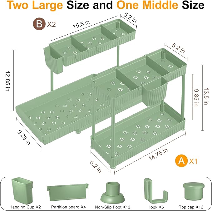 Sevenblue 3 Pack Multi-Purpose Pull-Out Storage Organizers, 2-Tier L-Shaped Under Sink/Cabinet Organizers and Storage for Bathroom & Kitchen,Green,12.85 Inch