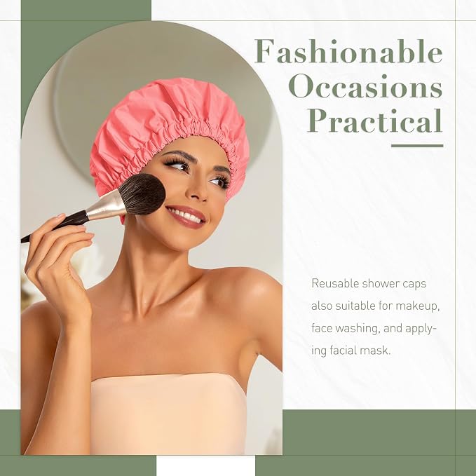 Reusable Shower Cap for Women, Large Waterproof Shower Bonnet with Elastic Band, Washable Bath Hair Cap for Long, Curly Hair, Braids, Daily Shower, Home Spa, Travel(Orange Pink)