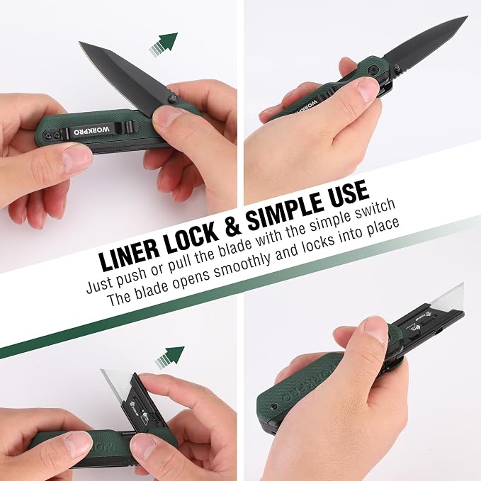 WORKPRO 2-in-1 Folding Knife/Utility Knife, Quick-Change Box Cutter with Belt Clip, Liner Lock, and G10 Handle, Extra 10 SK5 Blades Included, Green