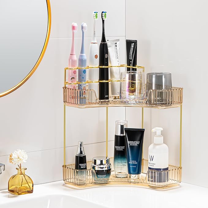 shuang qing Upgraded 2-Tier Corner Bathroom Countertop Organizer – Spacious Storage for Makeup, Skincare & Perfumes, Built-in Brush Holder Fits Vanity/Dresser/Bsthtub (Vintage Gold)