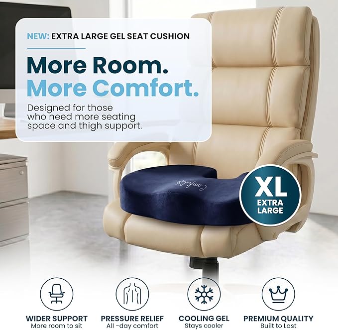 ComfiLife Extra Large Gel & Memory Foam Seat Cushion - Doctor Recommended Office Chair Cushion, Car Seat Cushion - Back & Sciatica Pain Relief - Wide Seat Cushion for Big & Tall (Navy Blue)