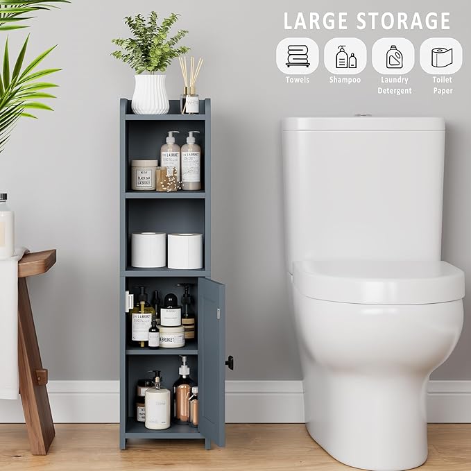 Lomojo Small Bathroom Storage Cabinet Corner, Freestanding Narrow Bathroom Toilet Paper Organizers for Small Spaces Floor Cabinet with Adjustable Shelves (Gray)