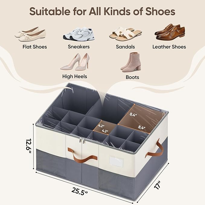 Shoe Organizer for Closet, 1 Pack Shoe Storage Container with Adjustable Dividers, Space Saving Shoe Box Storage Organizer Bin with Clear Lid and 4 Handles, Fits 12-24 Pairs, Beige & Grey
