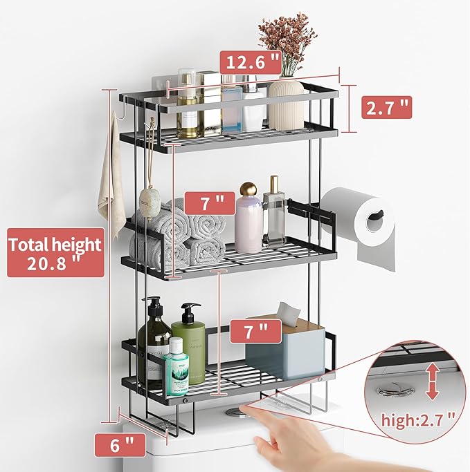 Godboat Bathroom Organizers and Storage, 3-Tier Wall Shelves, Over Toilet Rack with Paper Holder and 2 Hooks, Floating Shelf & Accessories, Gifts for Women, Mom, Mothers Day (Black)