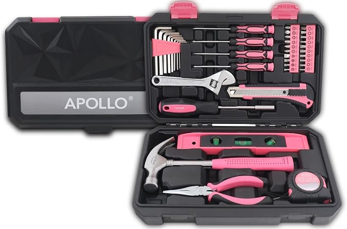 Apollo Tools 39 Piece General Household Tool Set in Toolbox Storage Case with Essential Hand Tools for Everyday Home Repairs, DIY and Crafts - Pink Ribbon - Pink - DT9711P