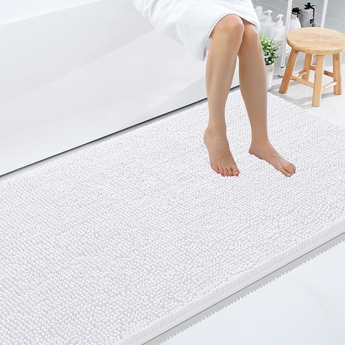 Smiry Luxury Chenille Bathroom Rugs 59x35, Extra Soft and Absorbent Shaggy Bath Mat, Machine Washable, Non-Slip Plush Carpet Runner for Tub, Shower, and Floor, Home Decor Accessories, White