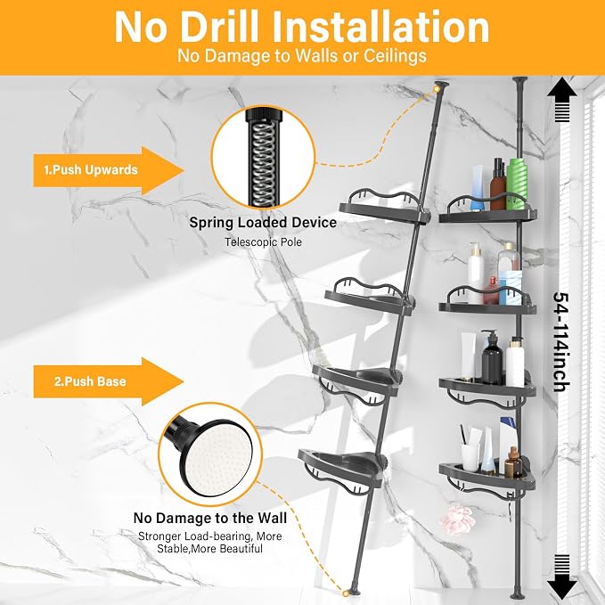 Black Corner Shower Caddy Tension Pole - Heavy Duty Rustproof Stainless Steel Shower Organizer with 4 Adjustable Shelves, No-Drill Free Standing for Bathroom, Bathtub, RV,54" to 114" Tall