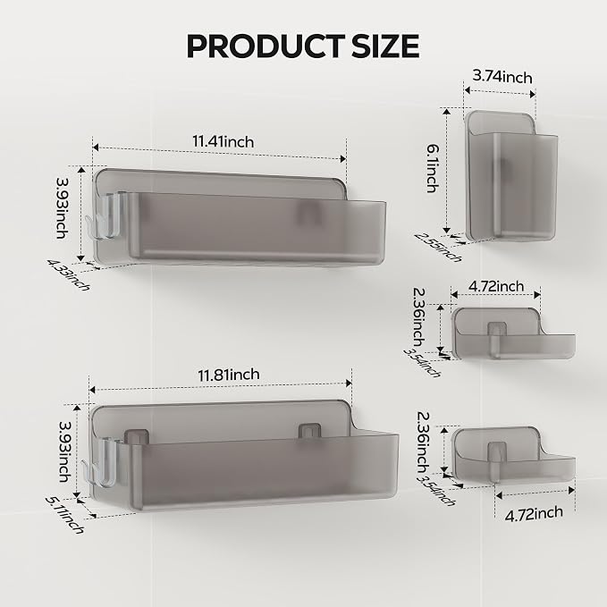 Nieifi Adhesive Wall Shelf, Shower Shelves, Shower Organizer for Bathroom Organization (Gray-Clear, 5 pieces)